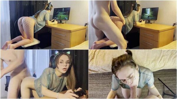 Schoolgirl Sister with ponytails fucks and plays a video game - Cats_house FullHD 1080p 1